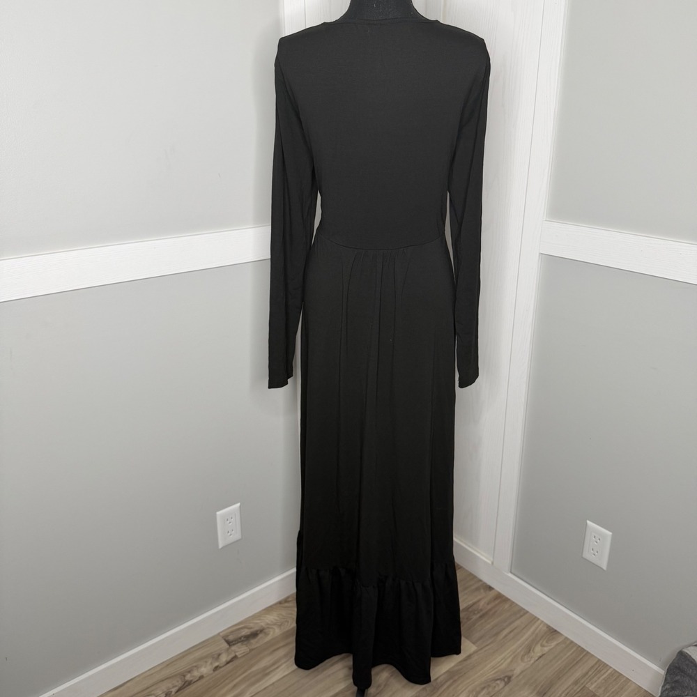 Yes Fashion Maxi Dress Women XXL Black Long Sleeve Ruffle Hem Stretch Pockets